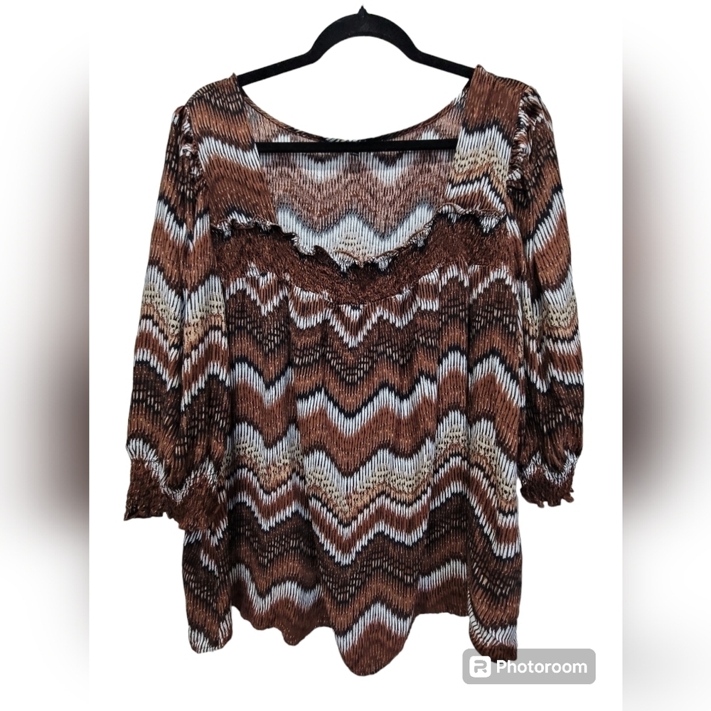 2X Wave Print Square Neck Ruffled Peasant Blouse Boho Artsy